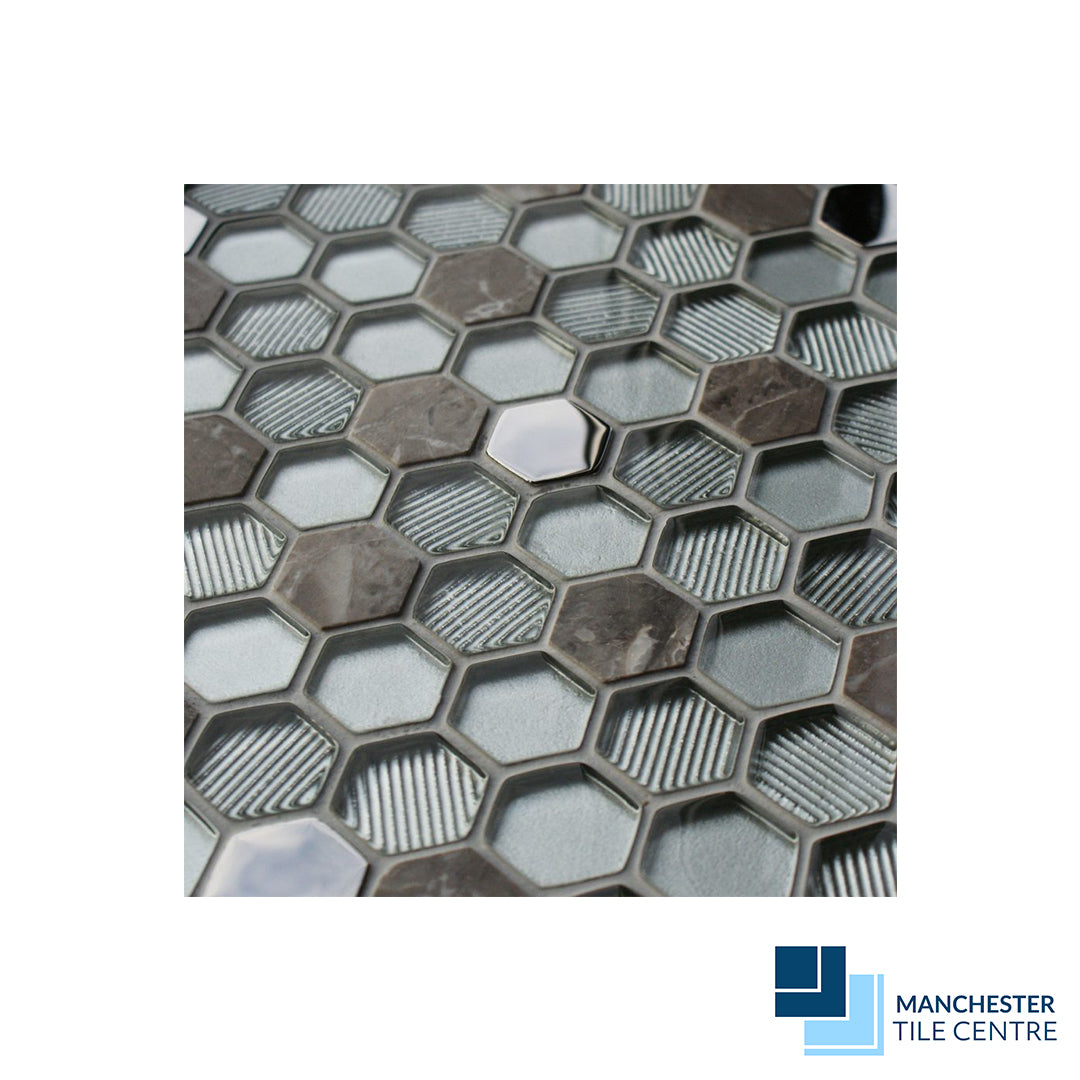 Honeycomb Silver - Glass Mosaic by Manchester Tile Centre